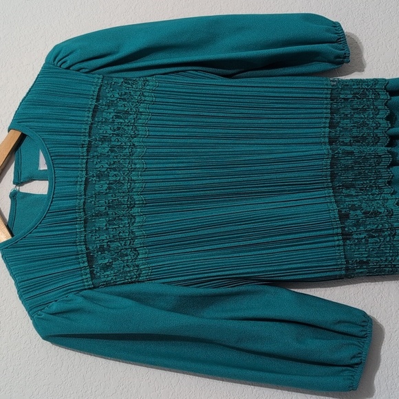 Good Times 80s Vintage Pleated Party Cocktail Dress Teal Size 8P Lace Detail - Picture 2 of 11